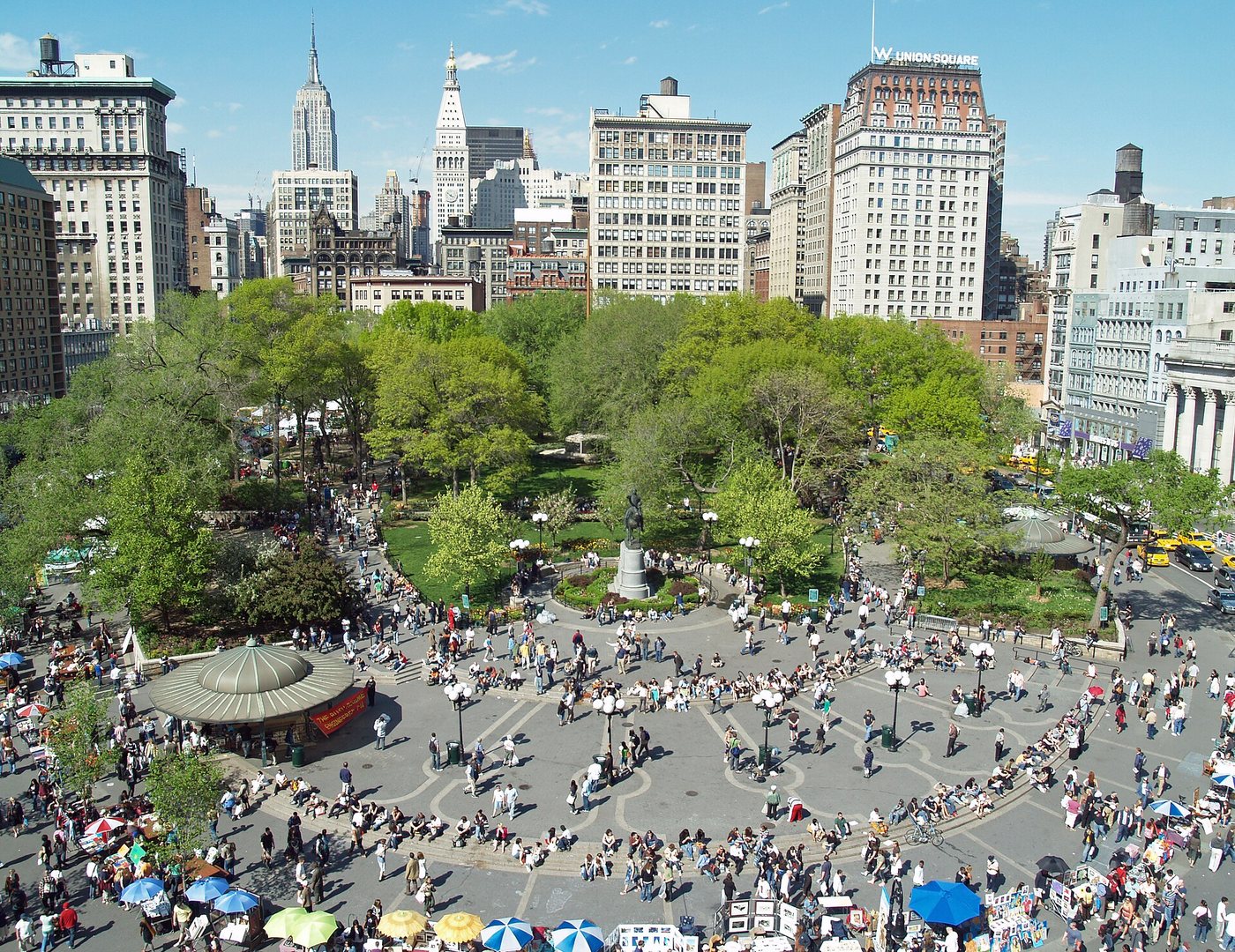 An elevated view across Union Square's trees, paths and gathering spaces in New York.