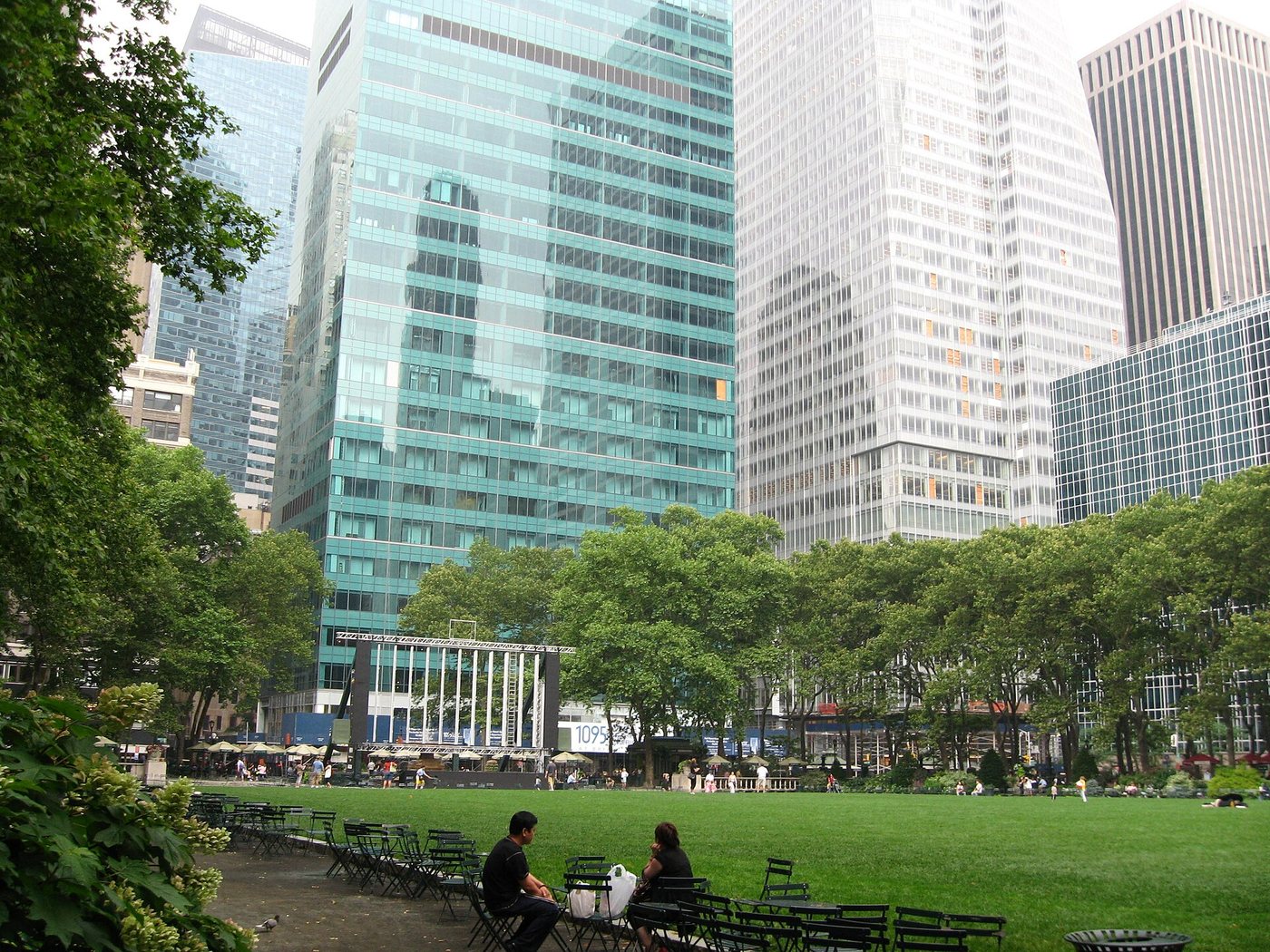 The lawn and surrounding towers at Bryant Park in Manhattan.