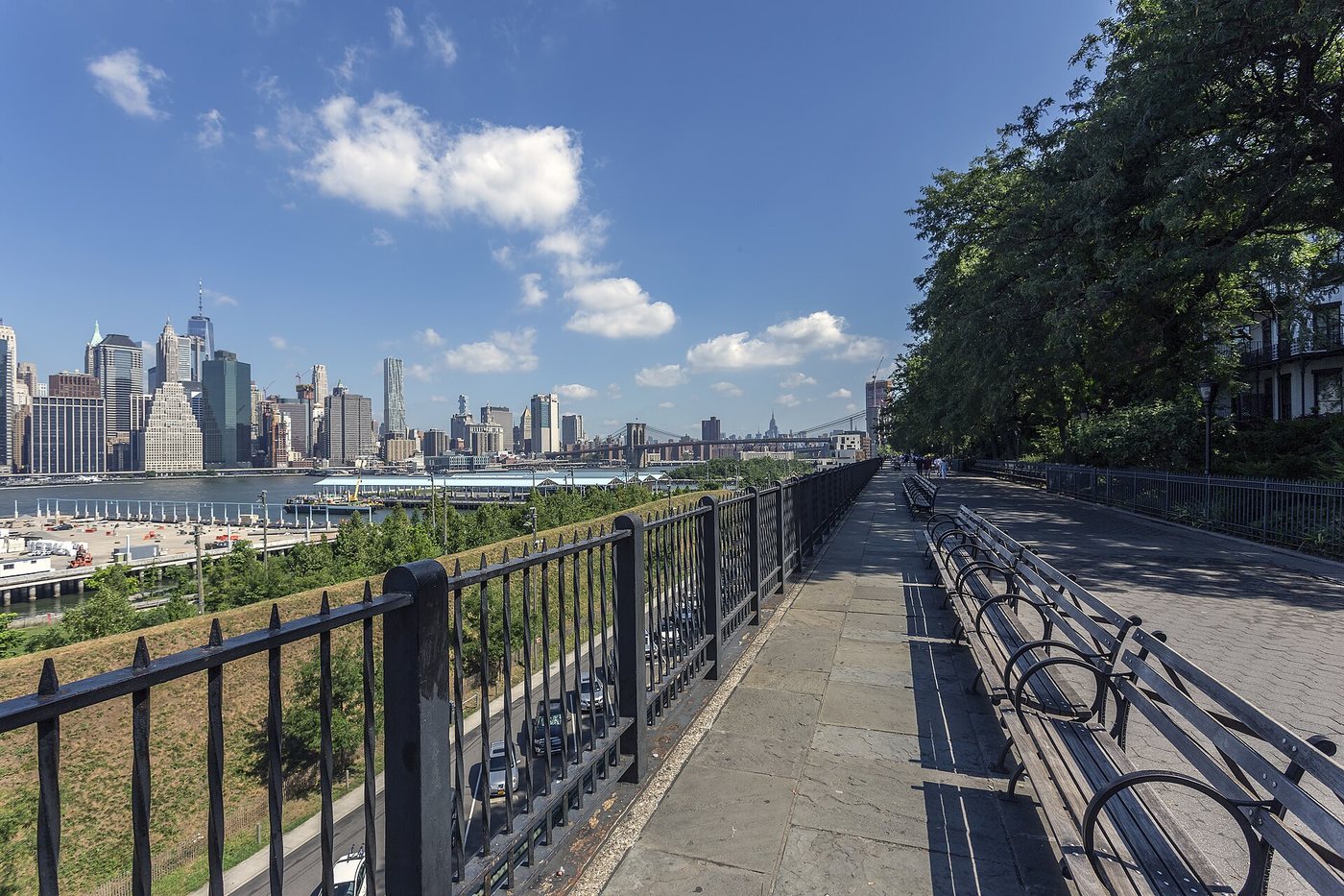 The Brooklyn Heights Promenade looking toward the Manhattan waterfront.