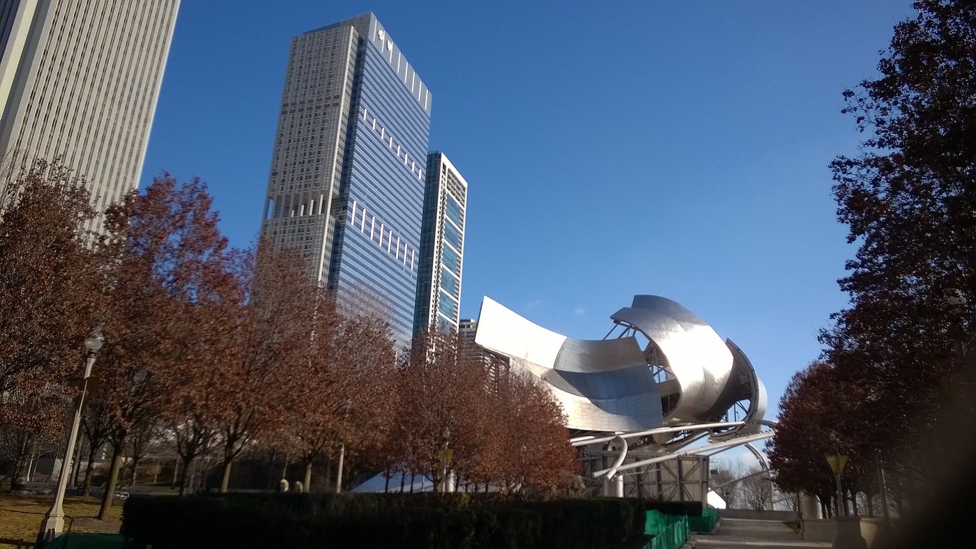 The pavilion and surrounding buildings at Chicago's Millennium Park.