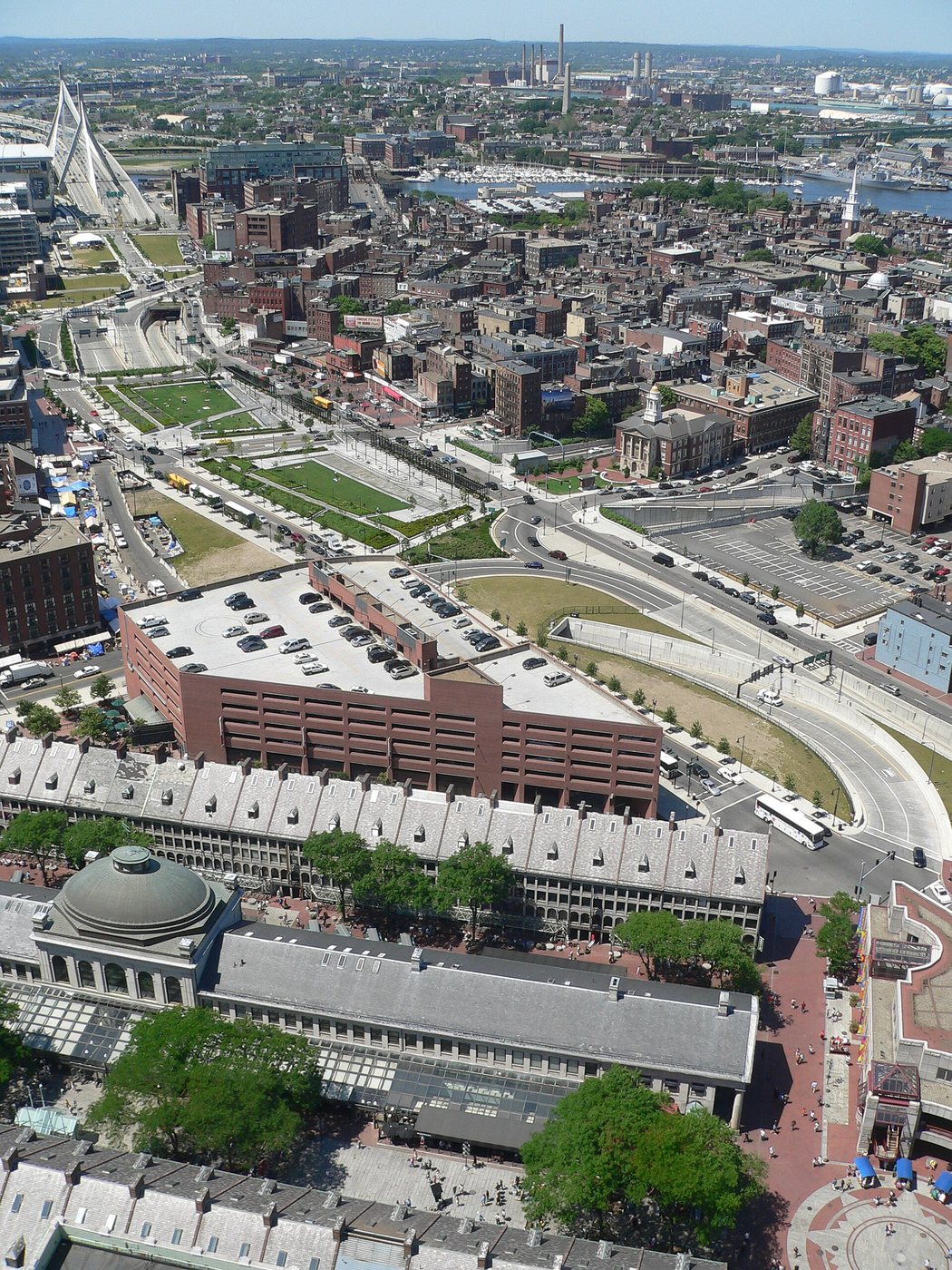 An aerial view of the Rose Kennedy Greenway through central Boston.