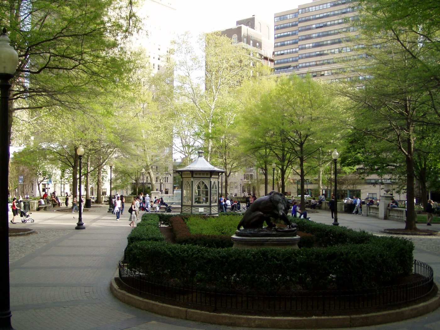 Trees, paths and the surrounding buildings at Rittenhouse Square in Philadelphia.