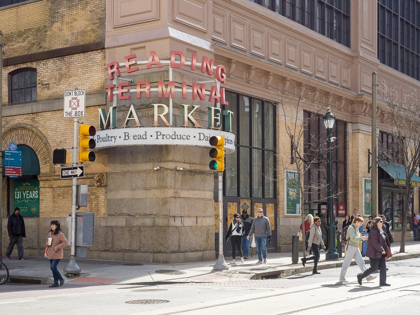 The entrance signs and street frontage of Reading Terminal Market.