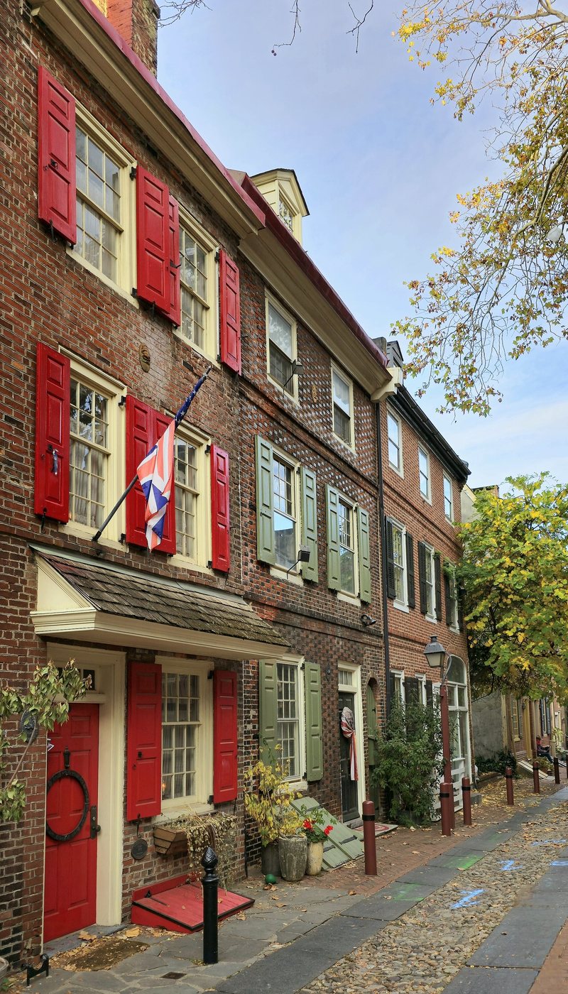 Brick houses and shutters along Philadelphia's Elfreth's Alley.