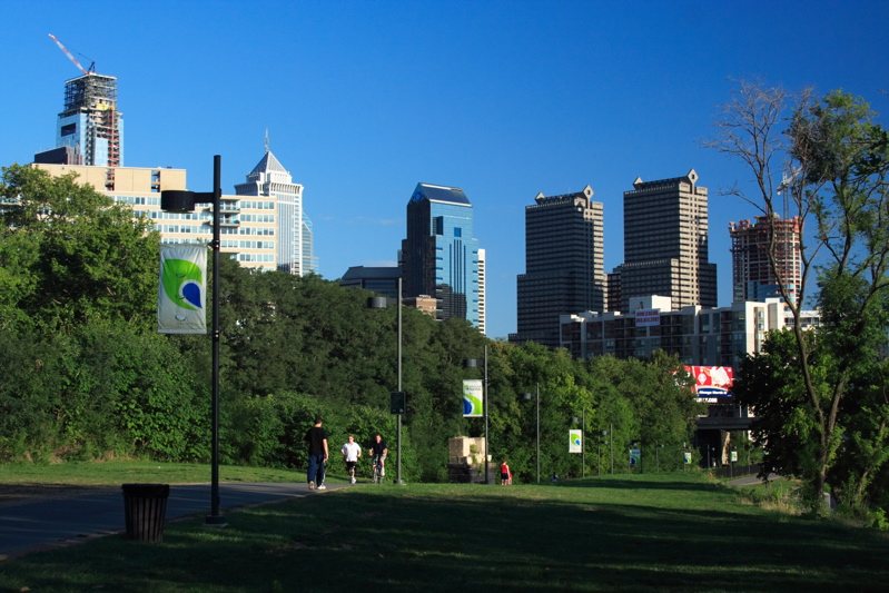 Grass and a riverside path on Philadelphia's Schuylkill Banks.