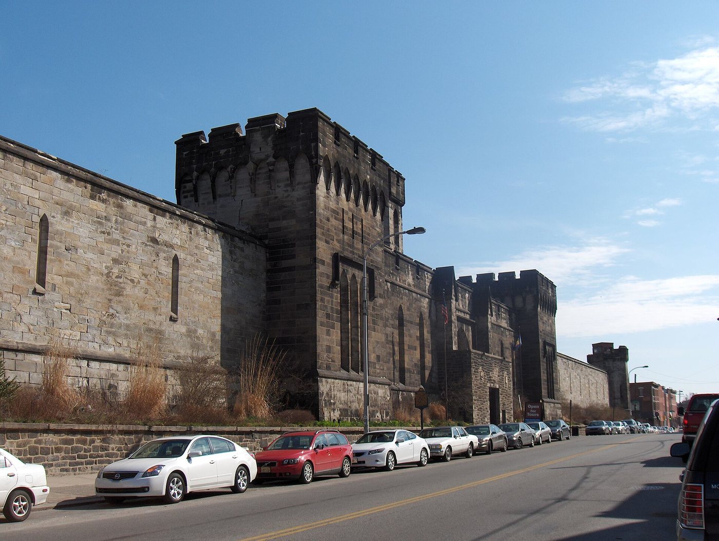 The high walls and entrance towers of Eastern State Penitentiary.