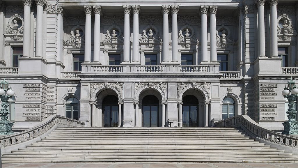 The approach stairs and west facade of the Library of Congress Jefferson Building.