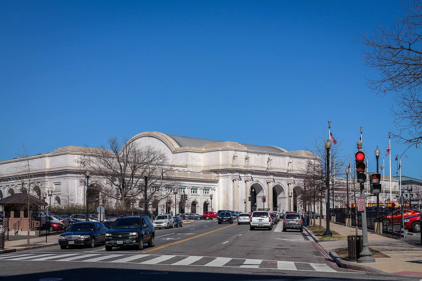 The arched facade of Union Station in Washington, DC.