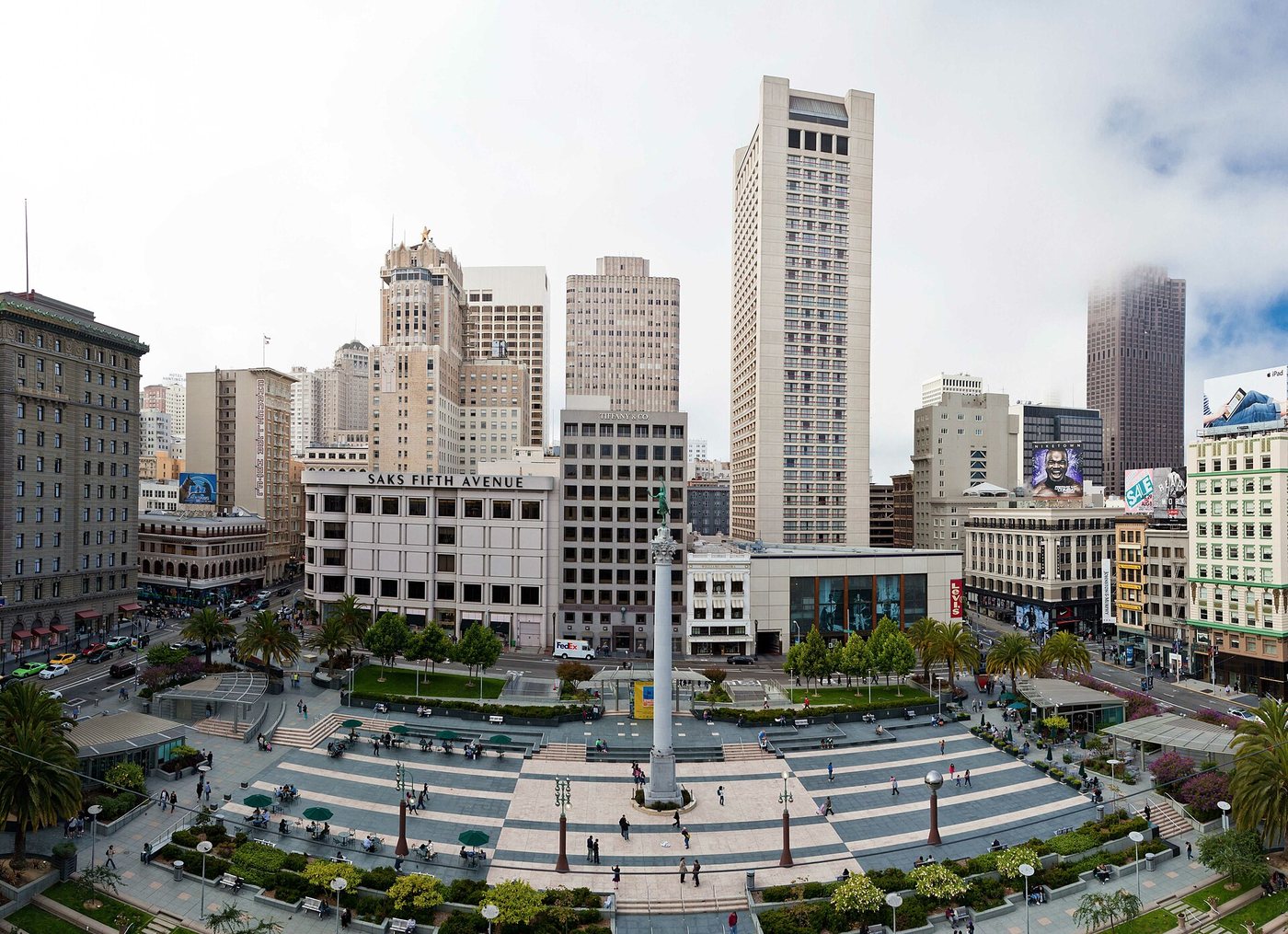 Union Square and the surrounding downtown buildings in San Francisco.