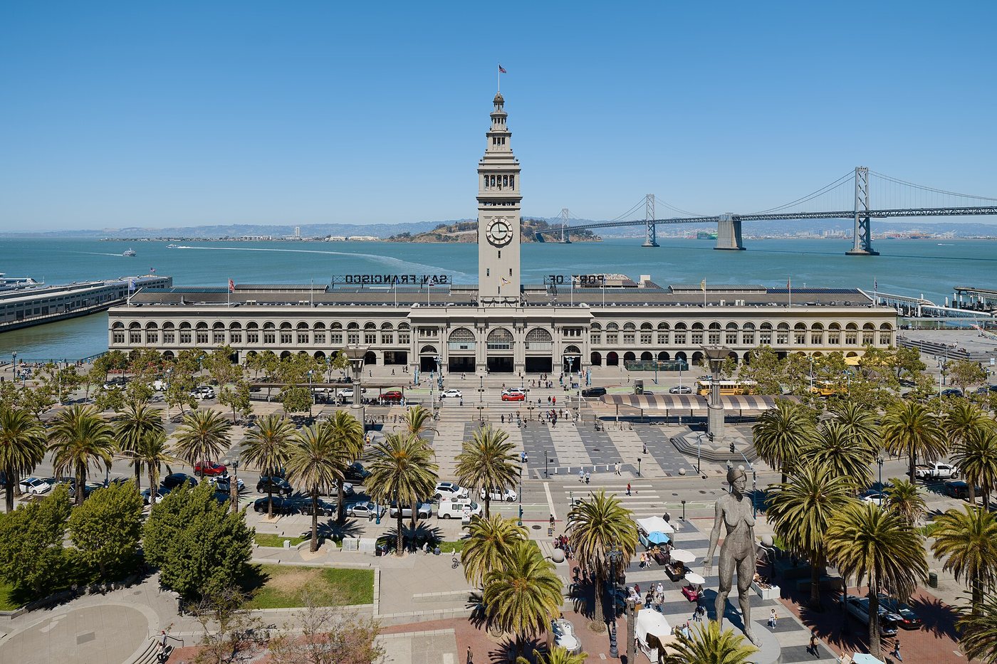 The Ferry Building, waterfront and Bay Bridge in San Francisco.