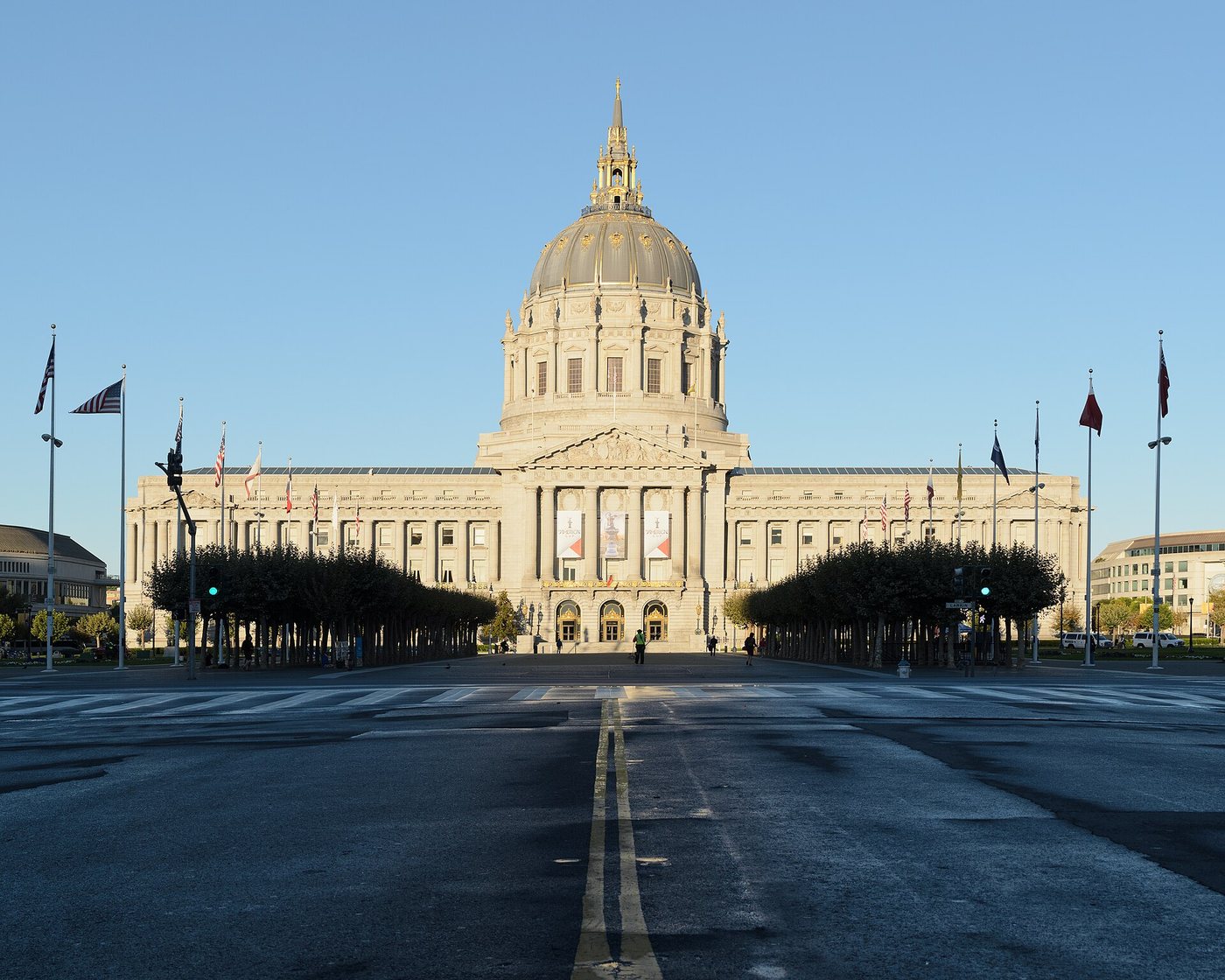 San Francisco City Hall viewed across the civic center approach.
