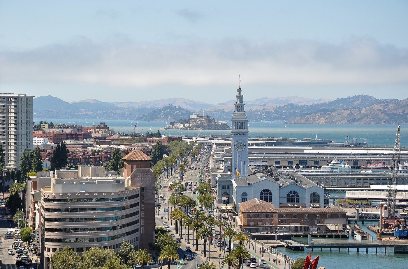An elevated view along the Embarcadero and San Francisco's waterfront.