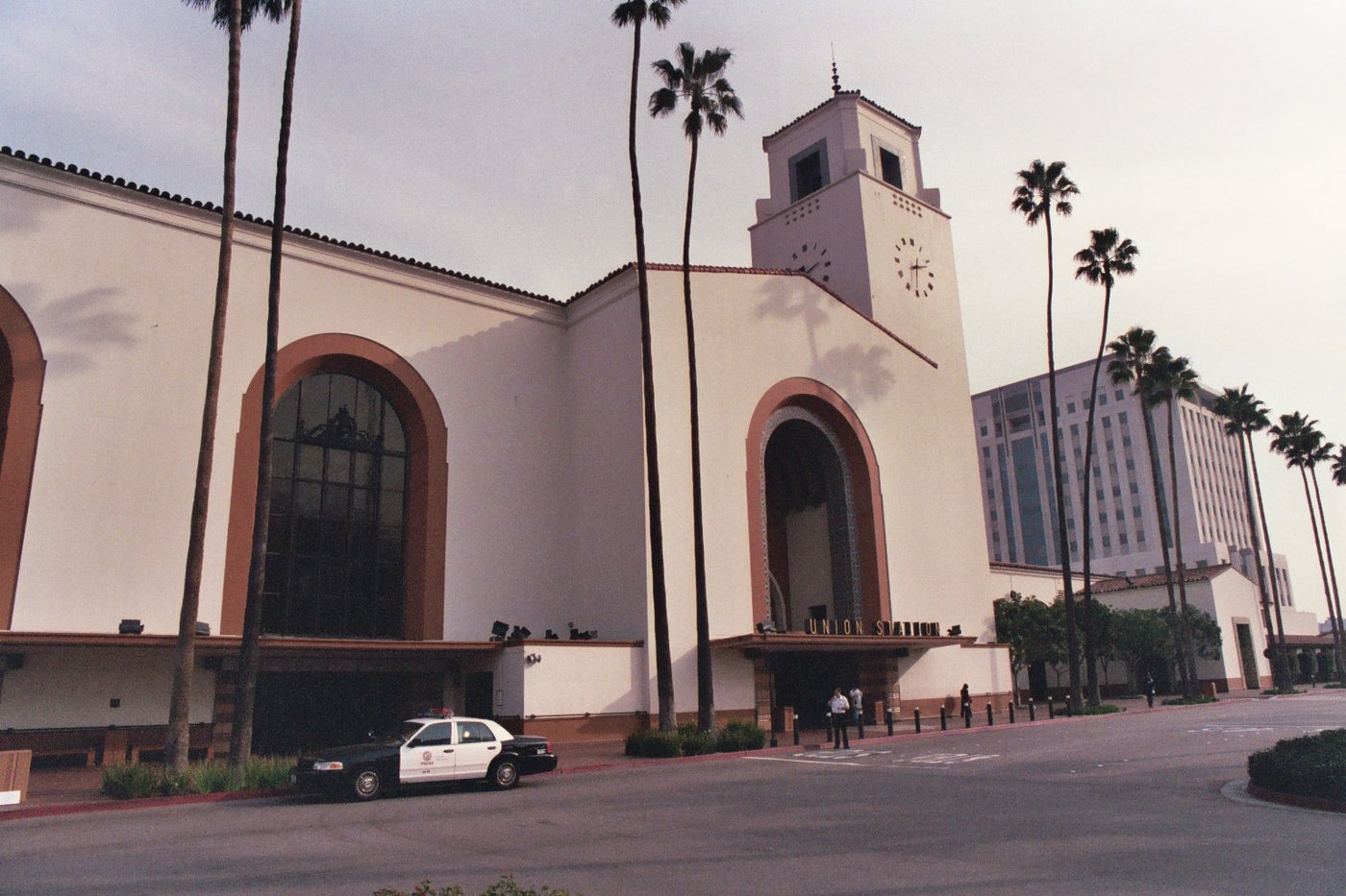 The main entrance and tower of Los Angeles Union Station.