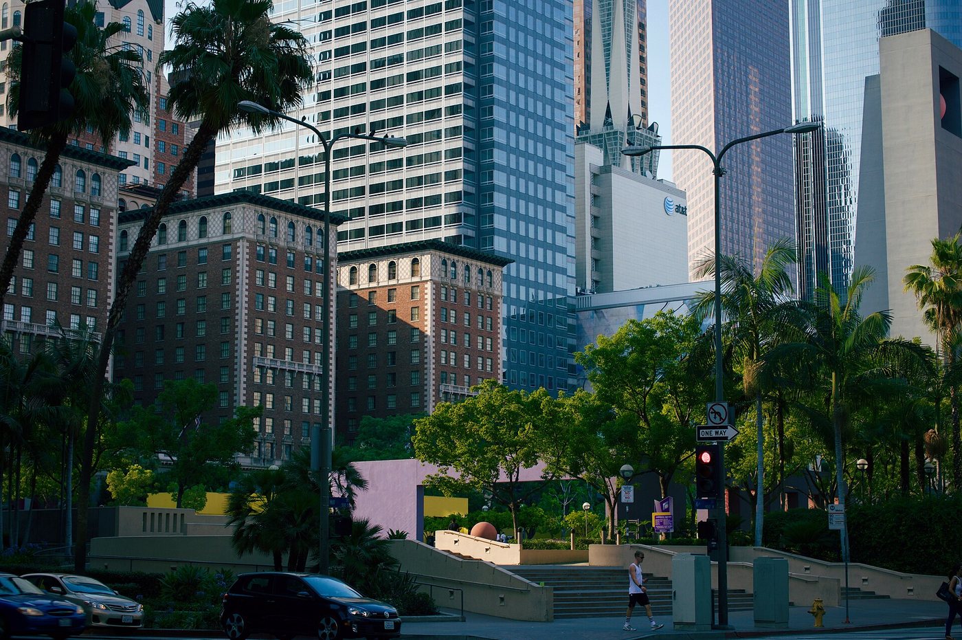 Pershing Square surrounded by downtown Los Angeles buildings.