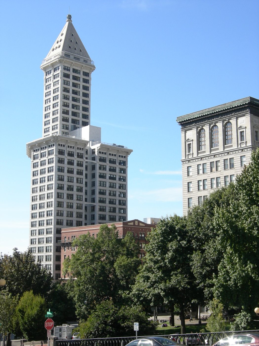 Smith Tower rising above surrounding buildings in Seattle.