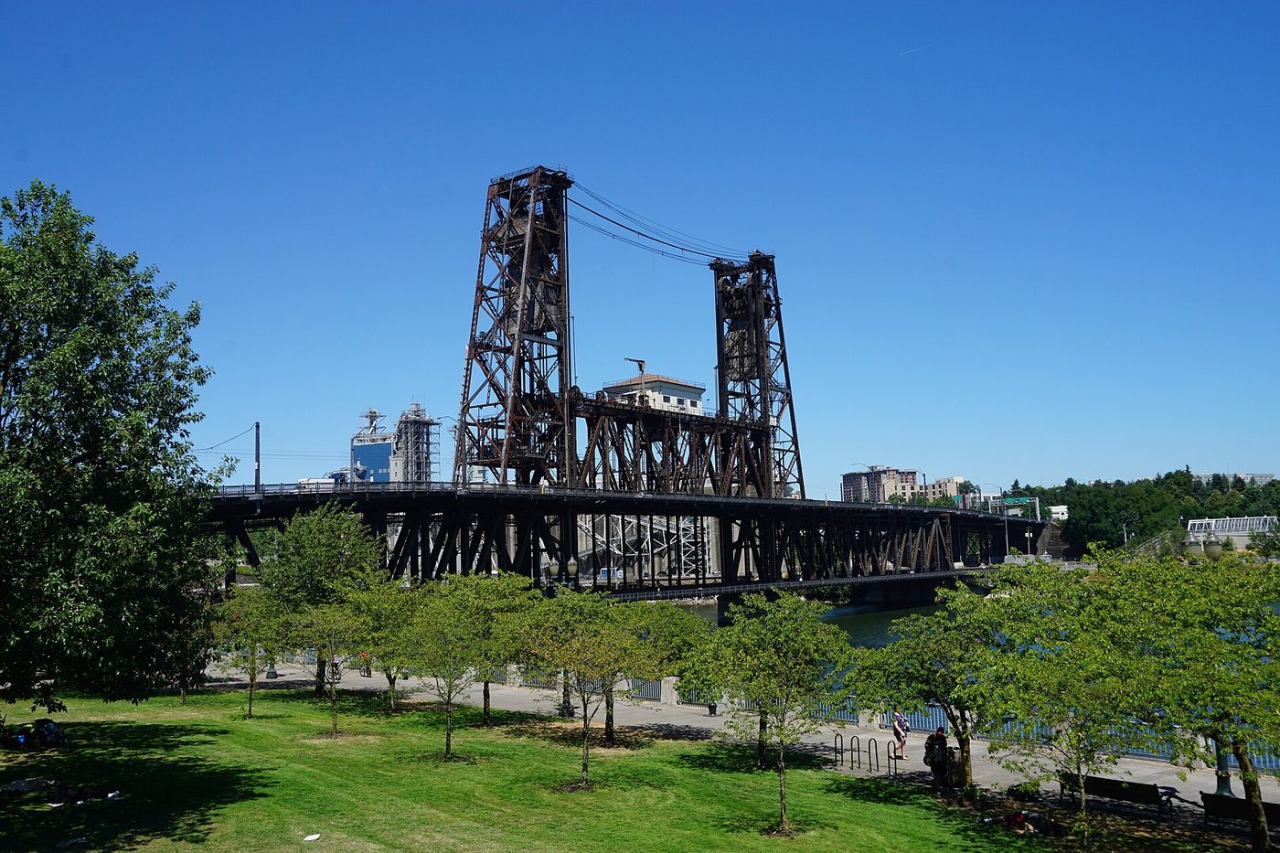 Tom McCall Waterfront Park and the Steel Bridge in Portland.