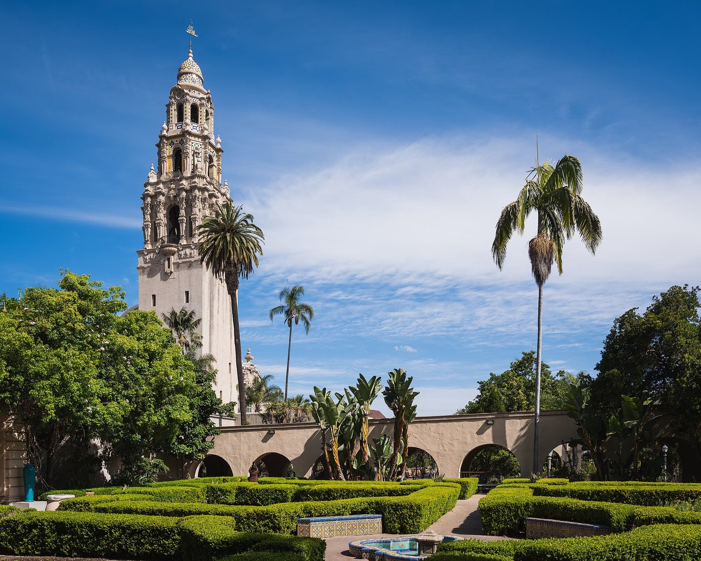 California Tower viewed from the Alcazar Garden in Balboa Park.