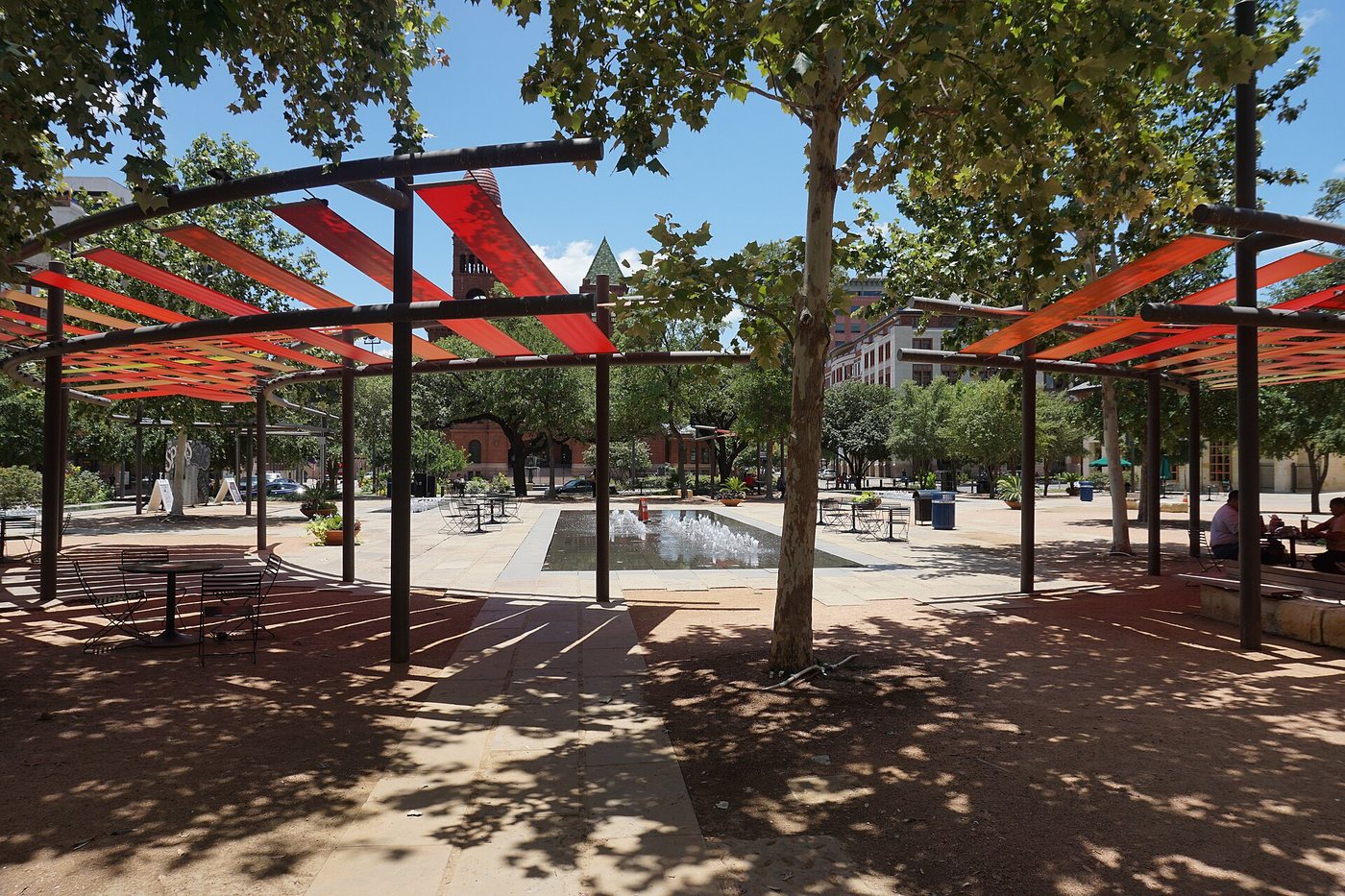 Shade structures and seating at Main Plaza in San Antonio.