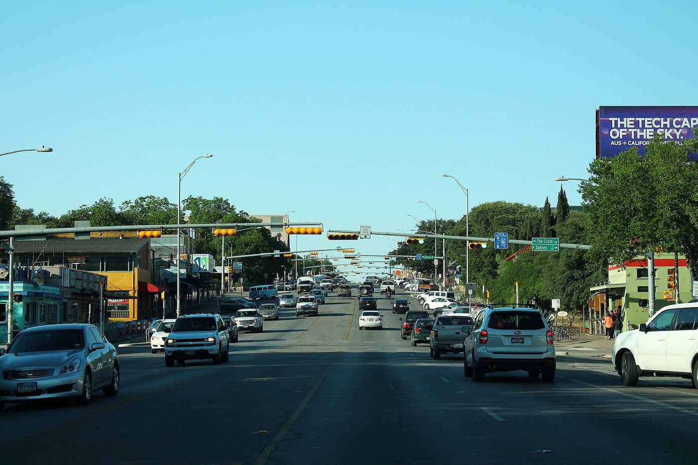 Traffic and commercial frontages along South Congress Avenue in Austin.