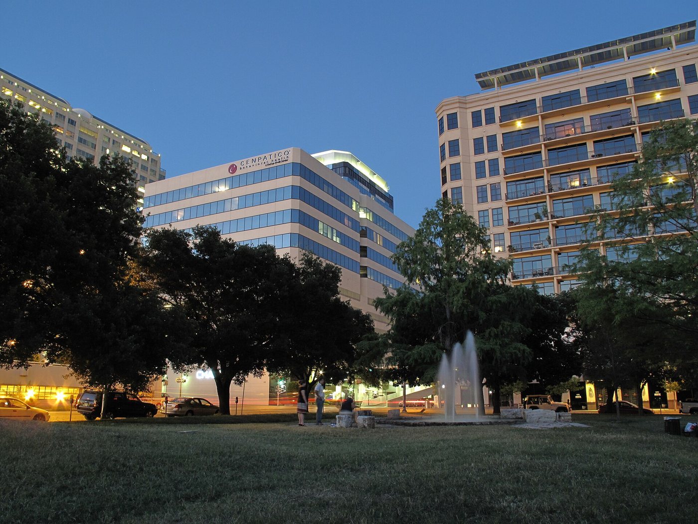 The lawn and surrounding buildings at Austin's Republic Square.