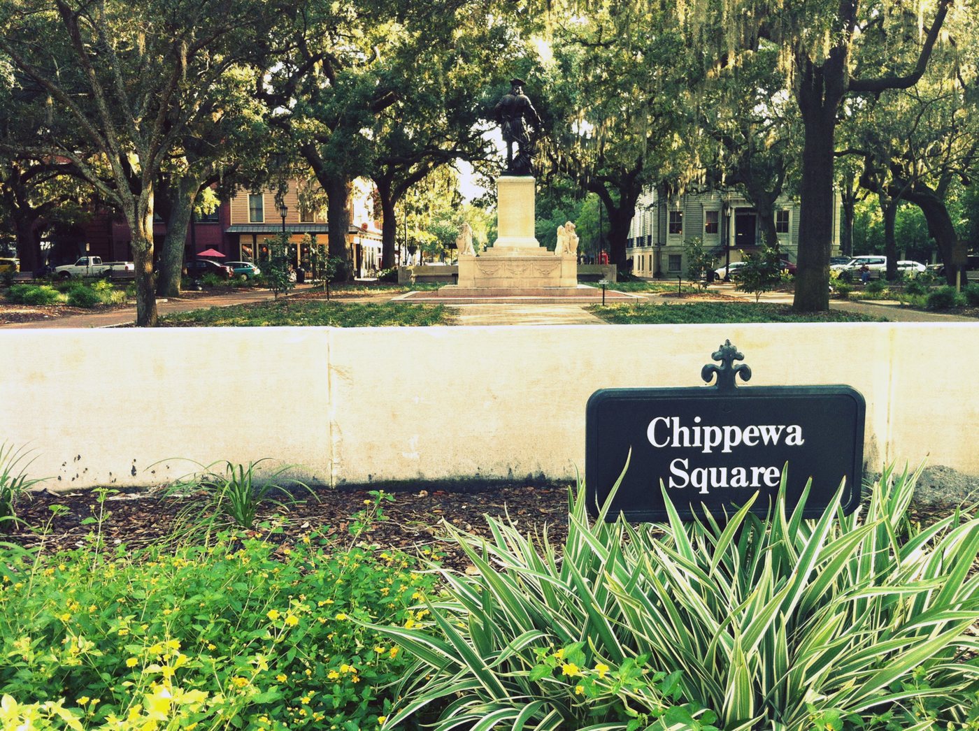 Trees and the central monument in Savannah's Chippewa Square.