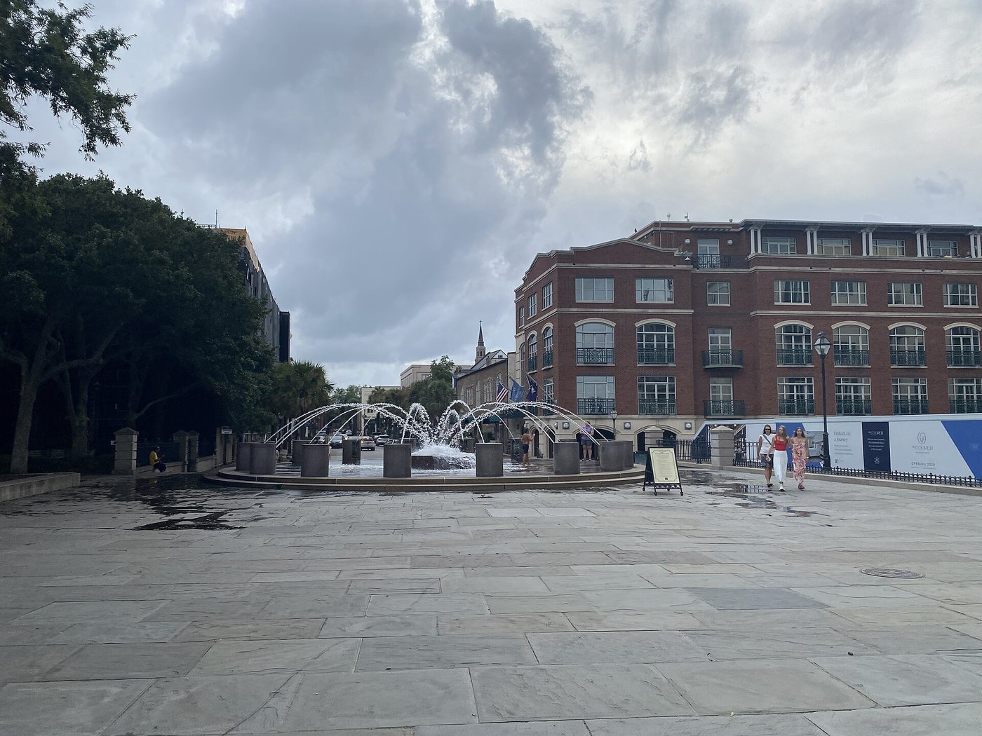 A fountain and paved gathering space at Charleston's Waterfront Park.