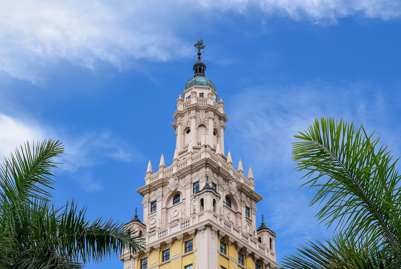 The upper tower and ornament of Miami's Freedom Tower.