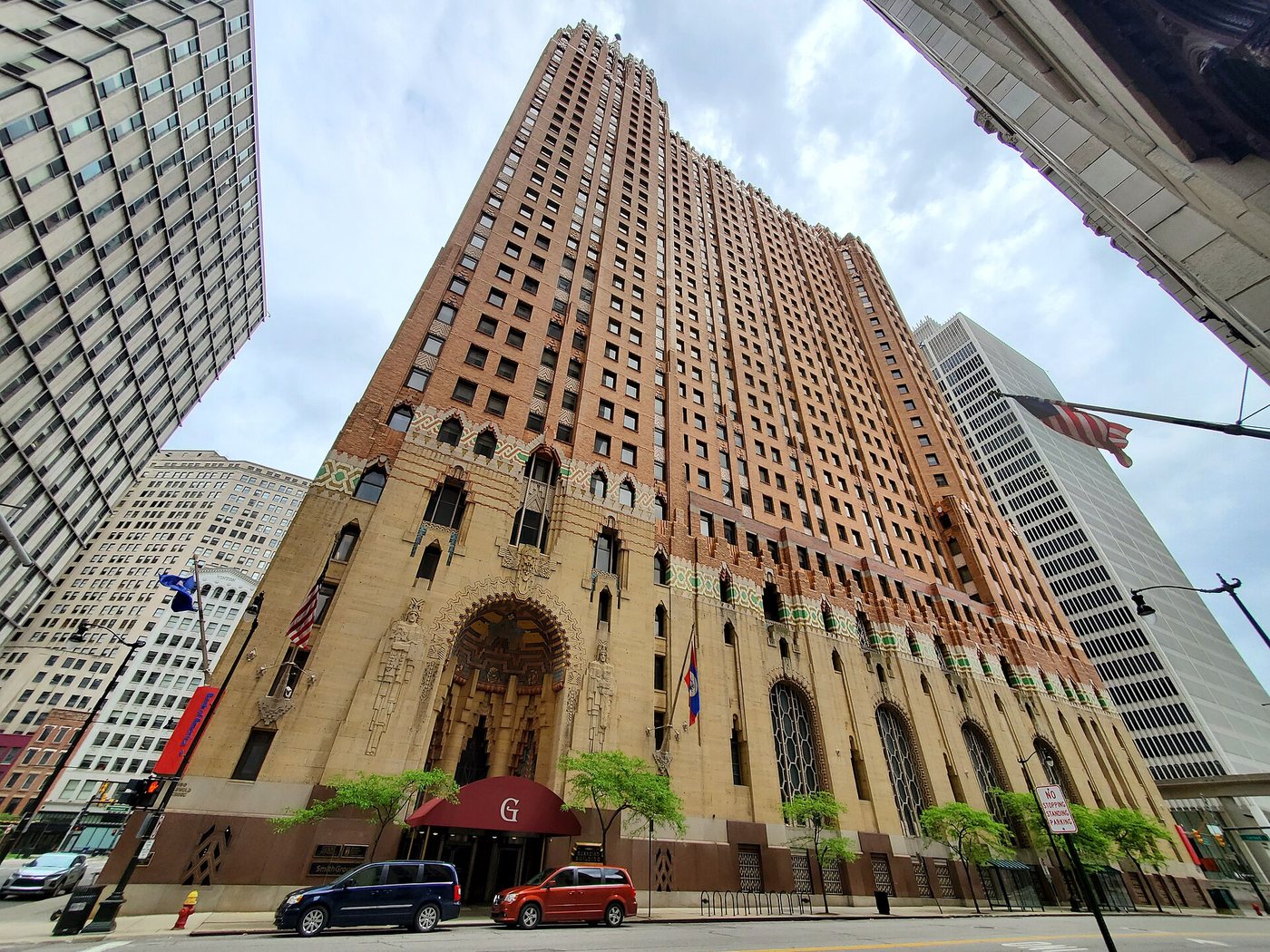 The brick exterior of Detroit's Guardian Building viewed from below.