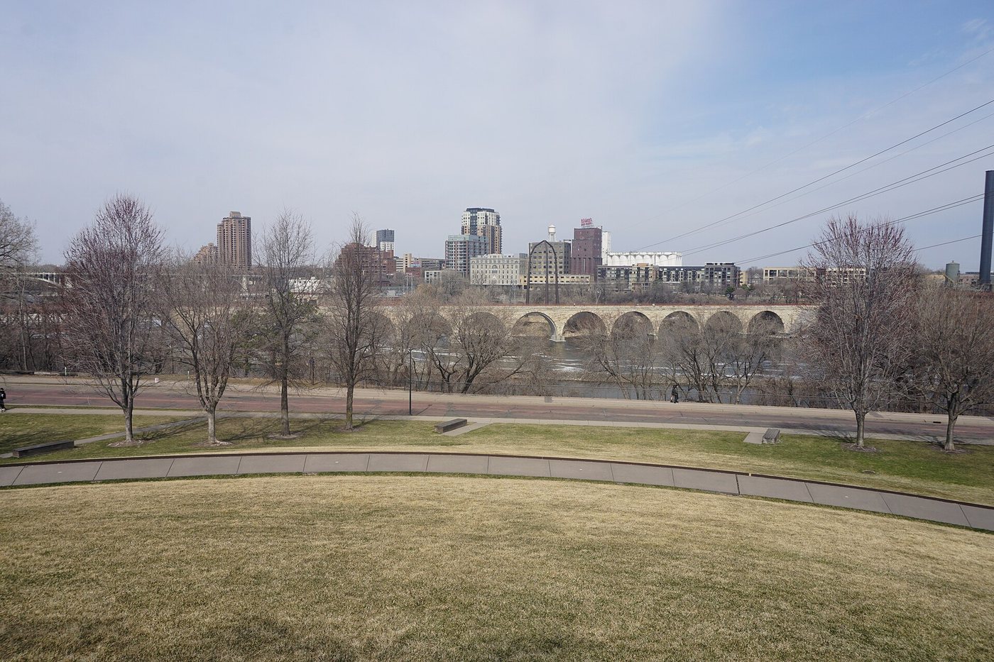 Stone Arch Bridge and the Mississippi River viewed from Minneapolis's Gold Medal Park.