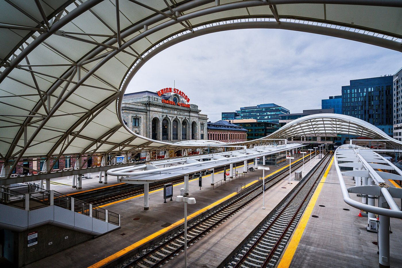 The rail platforms and canopy beside Denver Union Station.