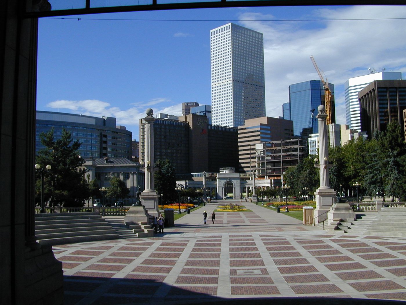 The paved terrace and downtown view at Denver's Civic Center Park.