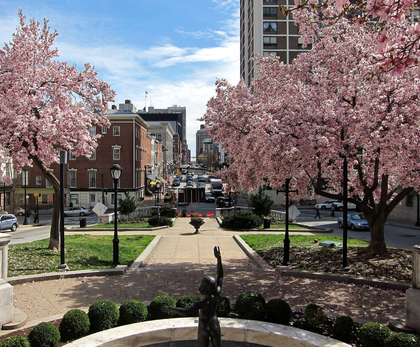 The monument and surrounding streetscape at Mount Vernon Place in Baltimore.