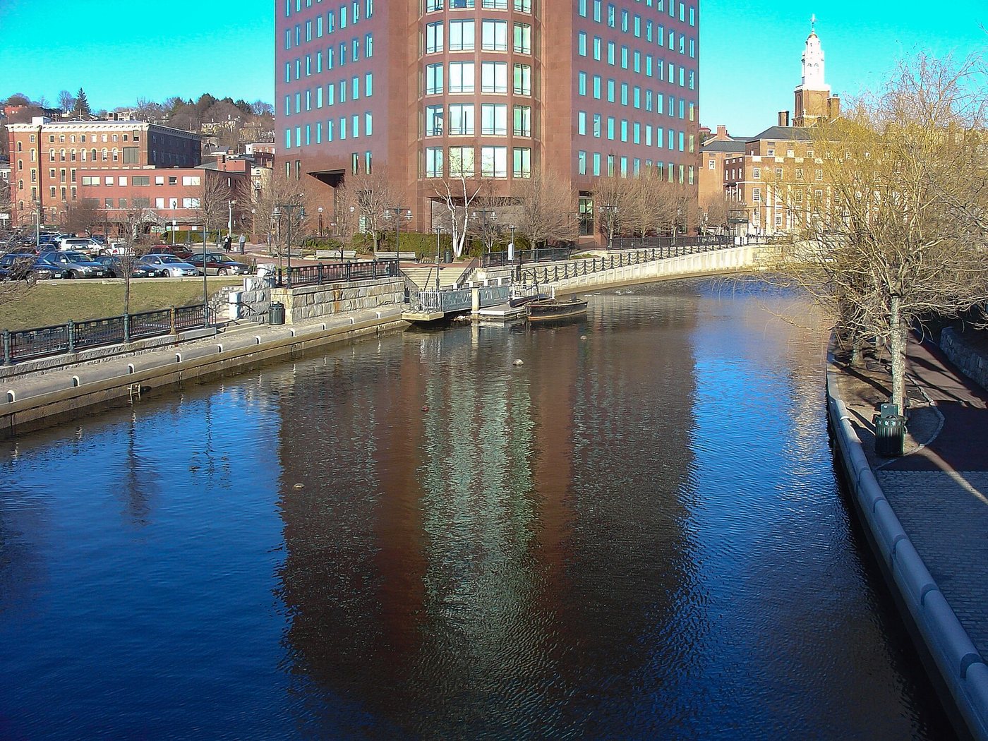 The river basin and surrounding paths at Waterplace Park in Providence.