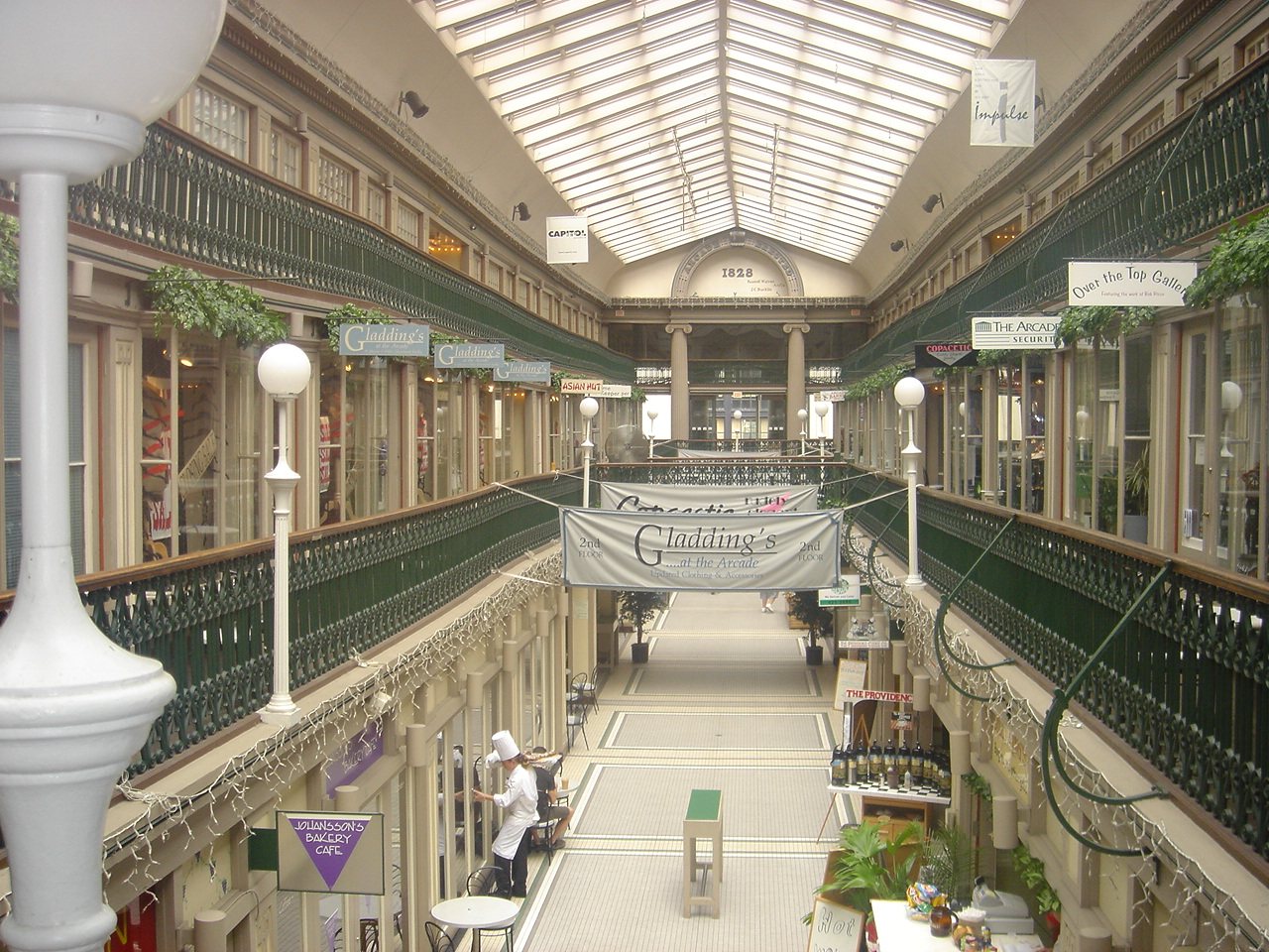 The skylit interior and galleries of the Westminster Arcade in Providence.