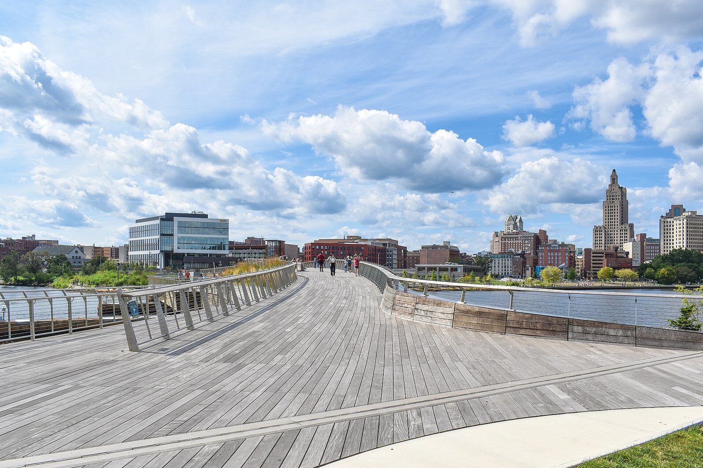 The broad deck of the Providence River Pedestrian and Bicycle Bridge.