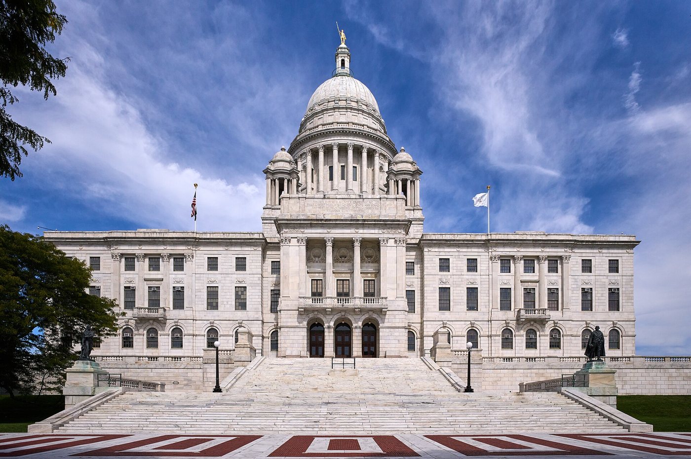 The dome and front facade of the Rhode Island State House in Providence.